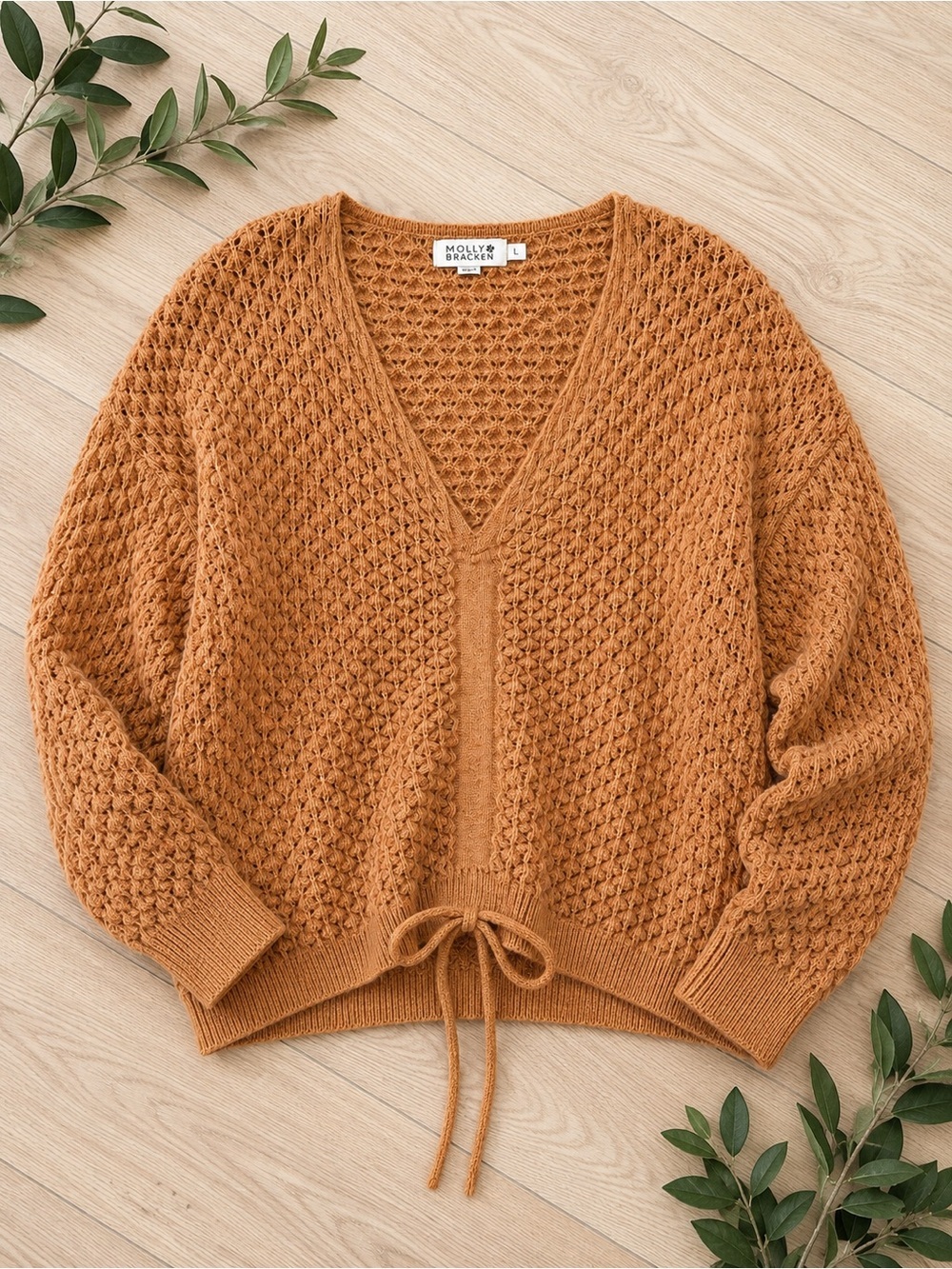 Molly Bracken Textured Popcorn Open Knit Drawstring Sweater Large Camel Apricot - Picture 2 of 9